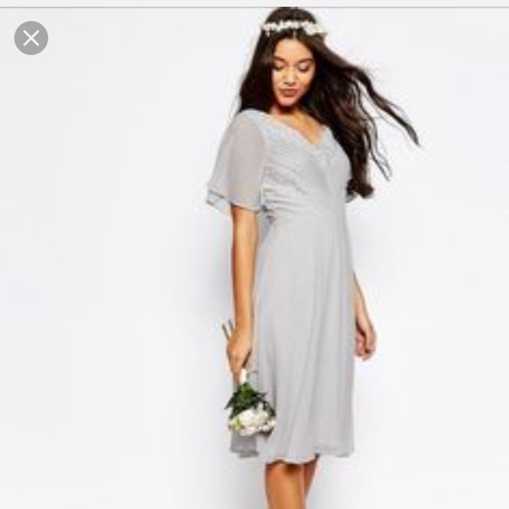 ASOS Gray Embellished Flutter Sleeve Midi Dress